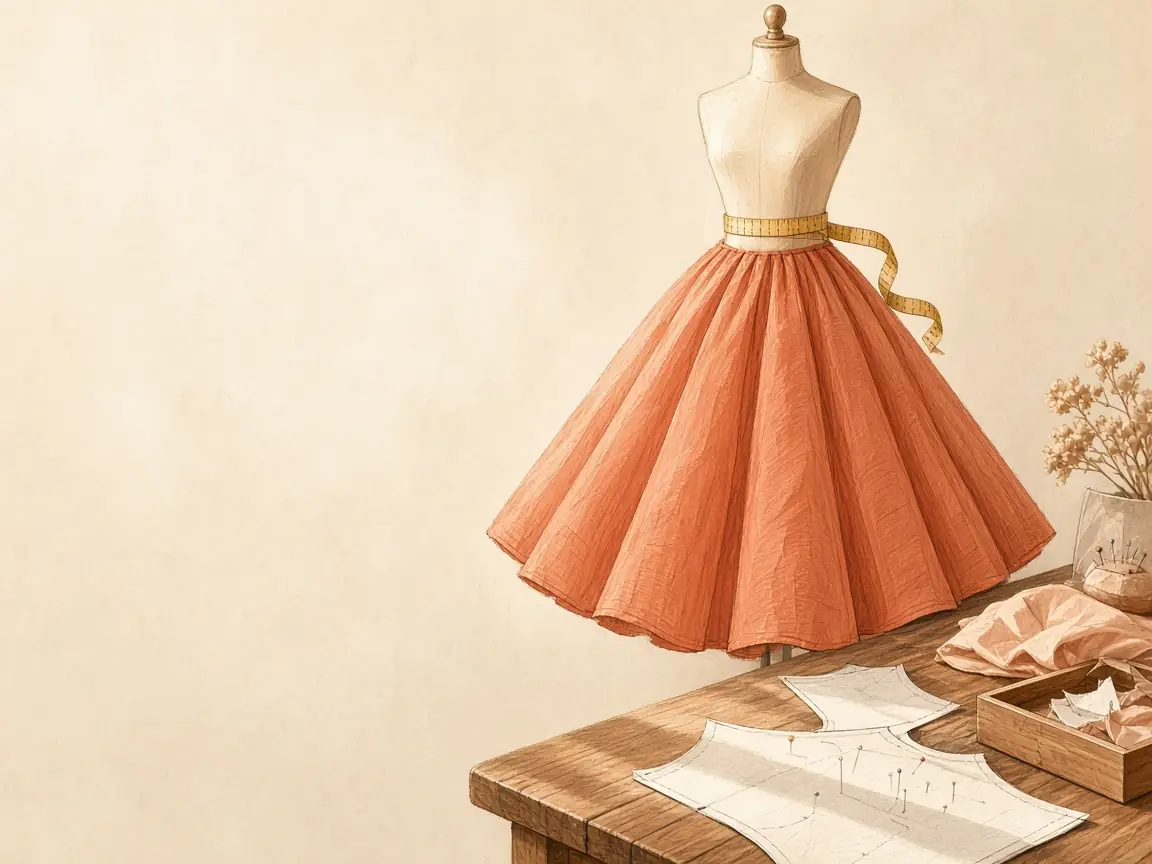 Illustration of a coral full circle skirt on a dress form, with pattern paper and fabric on a sewing table