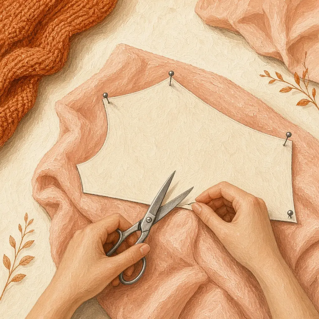 Illustration of hands cutting fabric around a pinned paper pattern