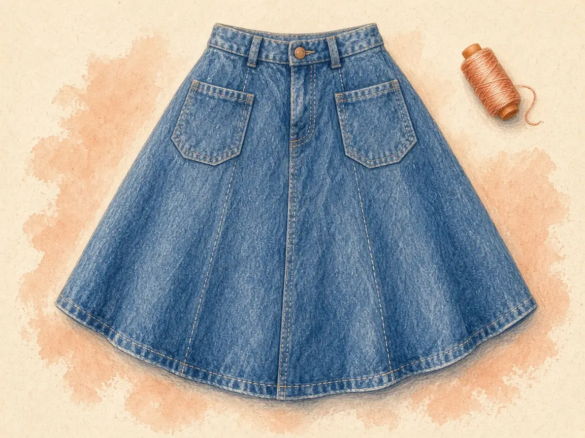 Illustration of a denim A-line skirt beside a spool of thread