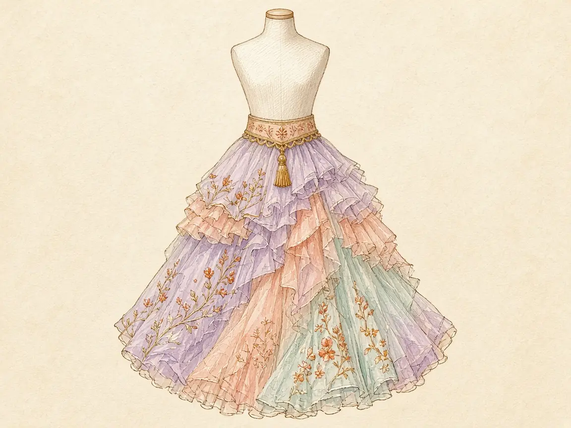 Illustration of a layered pastel tulle costume skirt on a dress form
