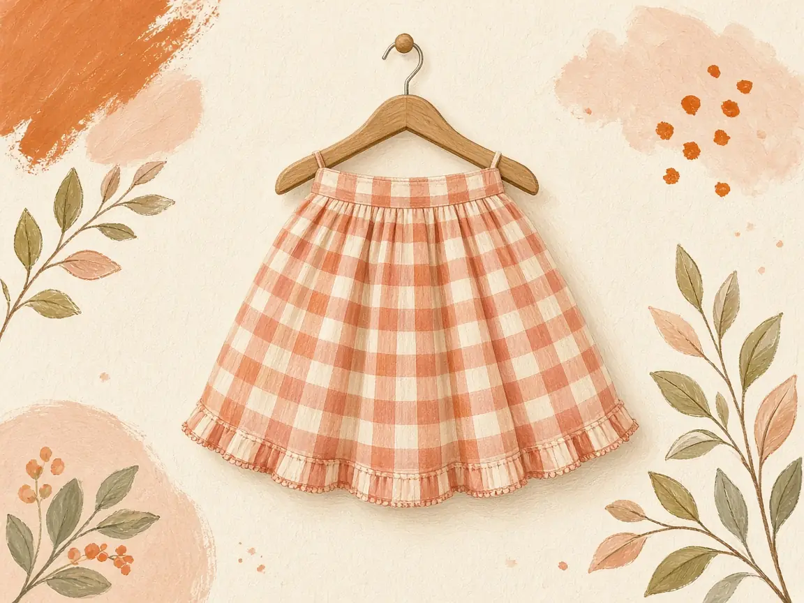 Illustration of a small gingham skirt on a hanger